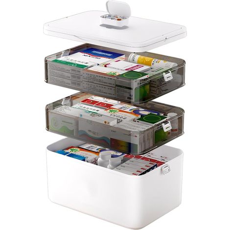 Boîte à Pharmacie 3 Étages avec Poignée - Rangement Médicaments Urgence Familiale 31x25x16 cm, Portable (1/4)