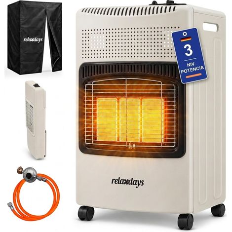 Relaxdays Estufa de gas, 3 placas cerámicas, 1500-4200 W, interior/exterior, ruedas, bombonas, calefactor de gas, blanca (1/5)