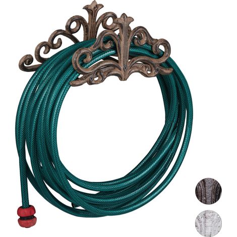 Relaxdays Wall-Mount Hose Reel, Antique Style, Garden Shed Storage Rack, Cast Iron, HxWxD 15x36x15 cm, Rust-Brown