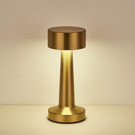 Lámpara de mesa inalámbrica recargable por USB, 3 colores de brillo, LED metálico regulable al tacto para comedor, oficina, dormitorio, mesita de noche, sala de estar (dorada) (1/5)