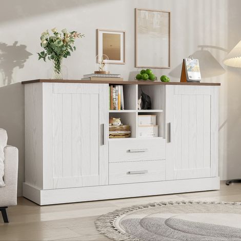 Buffet 2 portes + 2 tiroirs + 4 étagères ouvertes – Poignées argentées – Fermeture amortie – Structure robuste – Style moderne – 140×40×79,5 cm– Design bois blanc et brun (1/5)