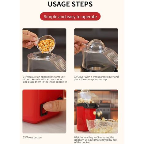 Machine à pop-corn électrique à air chaud, compacte, 1200W, sans huile, pour maison et cinéma à la maison（rouge） (1/5)