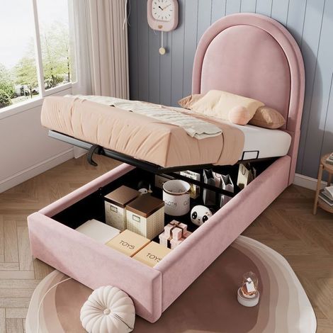 lit enfant - SOGEU - 90 x 200 - structure acier & bois massif - velours rose - tête de lit incluse (1/5)