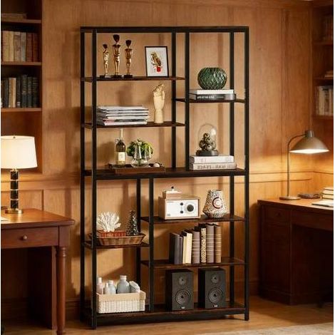 Bücherregal 100x30x200 cm Schwarz/Rustikalbraun aus Metall und Spanplatte mit offenem, mehrstufigem Design (1/5)