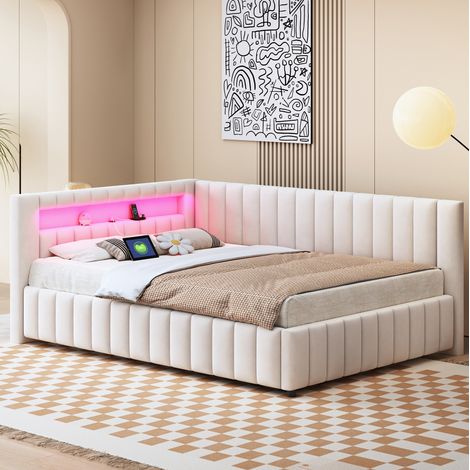 Canapé-lit rembourré en velours beige 140x200 cm avec LED, port USB et sommier à lattes (1/5)
