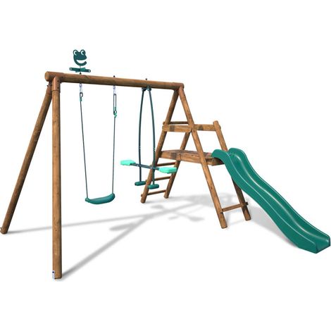 Portique en bois rond 2 agrès avec balançoire et face à face MENTHE (1/5)