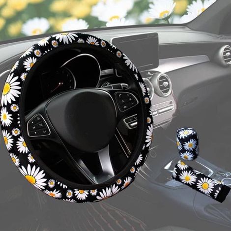 Funda volante felpa 3 piezas estampado margaritas coches, freno mano antideslizante transpirable palanca cambios, 37-38 cm (estampado margaritas) (1/5)