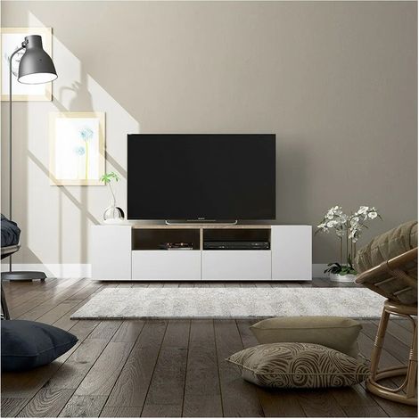 Meuble TV blanc et chêne – Largeur 138 cm – Profondeur 42 cm – Hauteur 34 cm – 2 tiroirs ouverts et 2 tiroirs avec portes – Usinestreet (1/10)
