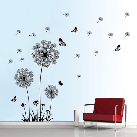 stickers Muraux Pissenlit Et Papillon Autocollant Mural Chambre Salon Bureau Dcoration Murale (noir) (1/5)