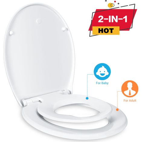 TODOT Abattant WC Familial, Lunette de Toilette avec Siège Enfant Magnétique, Frein de Chute et Charnière Réglable, Abattant WC en Polyéthylène pour Adultes et Enfants-DBTS01BJ