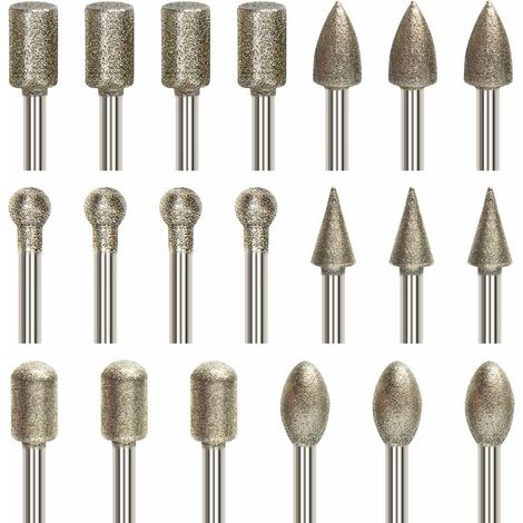 20 Pcs Ensemble de Fraises Rotatives Meulage, Jeu de Mèches de Gravure avec Tige de 3 mm (1/8"), Mèche Revêtu de Diamant pour Sculpture sur Pierre, Adaptation Universelle pour Outils Rotatifs (1/5)