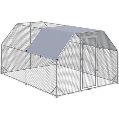 Poulailler enclos extérieur pour 10 à 12 poules avec porte verrouillable, toit pare-soleil imperméable, structure galvanisée 280 x 380 x 195 cm CHICFURN (1/5)