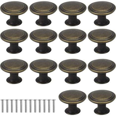 16 poignées de tiroir rondes vintage en bronze de 29 mm, poignées de meuble en laiton, poignées de porte de table de chevet, poignées de meubles, avec vis (1/4)