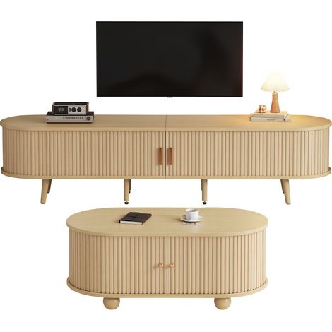 Meuble TV de salon avec rangement + combinaison table basse, combinaison ovale couleur bois d'origine, MDF (1/5)