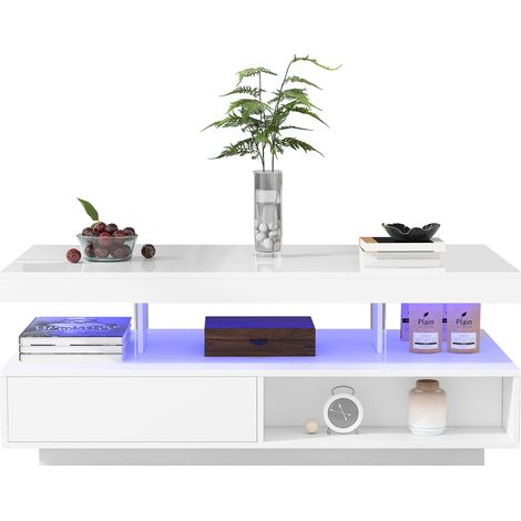 Table basse blanche brillante 95x50x42,5 cm avec 4 plateaux en verre, 2 tiroirs et 2 niches