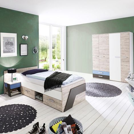 Kinderzimmer Set Komplett Sandeiche Nb. mit weiß, Lava 3-teilig LEEDS-10 und Denim Blau (1/2)