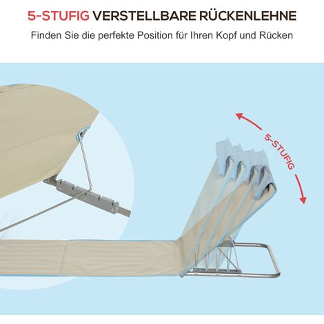 Lot de deux transats de plage pliables oreiller inclus hauteur 5 positions cadre acier couleur beige 134 x 48 x 33-43 cm