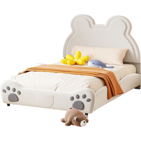 Letto per Bambini 140 x 200 cm a Forma di Orso, Rivestito in Tessuto, senza Materasso, Bianco (1/5)