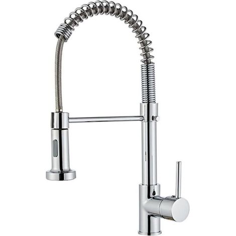 Robinet de cuisine Spring, robinet de cuisine à poignée unique avec douchette extractible, robinet de cuisine en chrome poli (1/5)