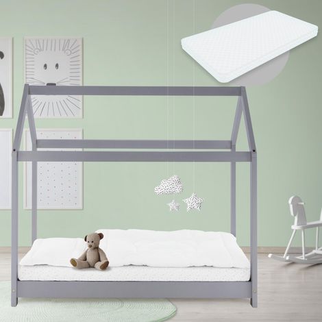 ML-Design Cama Infantil Casa Gris Claro 80x160 cm de Madera de Pino + Colchón de Espuma Fría 10cm, Techo y Somier de Listones, Cuna de Suelo Maciza Casita de Juego Juvenil Mobiliario para Niño y Bebé (1/5)
