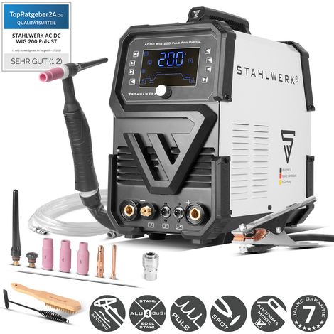 STAHLWERK Schutzgasschweißgerät AC/DC WIG 200 Puls Pro Digital – Kombi-Inverter mit 200 A, MMA-Funktion (E-Hand/ARC), Puls- & Spot-Funktion, Jobspeicher, Hotstart, Anti-Stick, für Alu & Dünnblech (1/5)