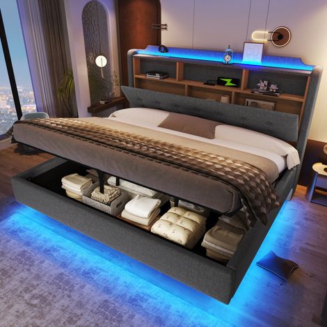 Lit coffre 180x200cm - Lit adulte 180x200 en lin, LED App, USB, Type-C et tête de lit rangement - Moderne - Gris (1/5)