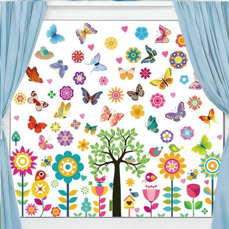 Décorations de vitre printemps-été, lot de 9 autocollants fleurs papillons arbre tournesol, stickers vitre décoratifs pour fenêtre, déco verre pour baby shower, fête familiale et fournitures de fête (1/5)