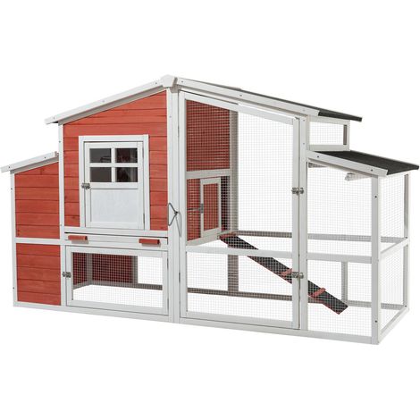Wiltec XXL Hühnerstall 2010 x 813 x 1165 mm rot-weiß mit Freilauf und Nistkasten aus Fichtenholz, Hühnerhaus mit Unterschlupf, Gitter und Kotwanne verzinkt