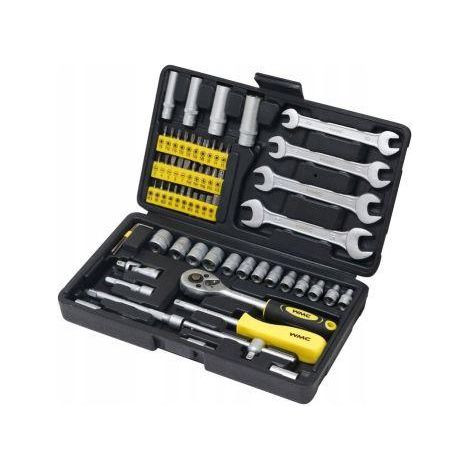 WMC Tools Caja de herramientas 62 piezas - Sistema completo de trinquete de 1/4 pulgadas con brocas, articulación, mango en T, trinquete y llaves para coche, hogar y bricolaje