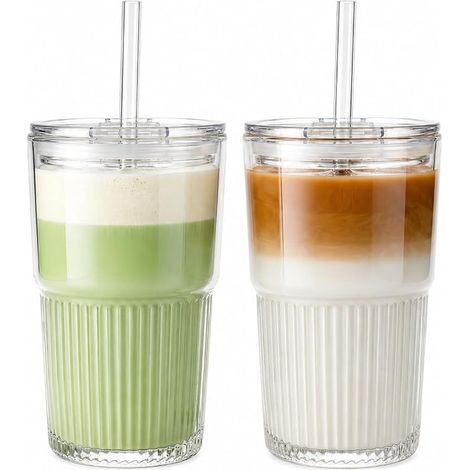Lot de gobelets en verre cannelé avec couvercle et pailles - 450 ml - Gobelets à café glacé - Verres à smoothie et cocktail - Vaisselle en verre transparent pour la maison ou le café (1/5)