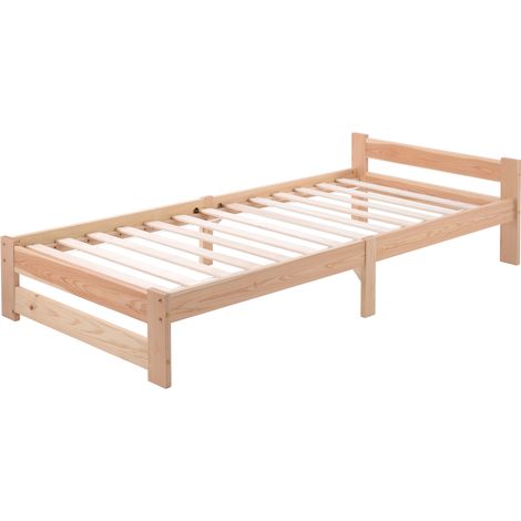 Lit futon en bois massif naturel 90 x 200 cm, lit simple avec tête de lit et sommier à lattes, structure pin robuste sans grincement pour chambre, maison et hébergement