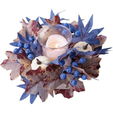 Corona decorativa para vela (hojas de arce azules), temática de Halloween, Acción de Gracias y otoño, portavelas artificial (1/5)