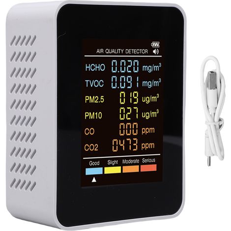 Eosnow Moniteur de qualité de l'air 6 en 1, écran couleur 2,8" intérieur PM2,5 PM10 HCHO TVOC CO CO2, testeur de pollution multifonctionnel pour maison, bureau, hôtel MT07CO Blanc (1/5)