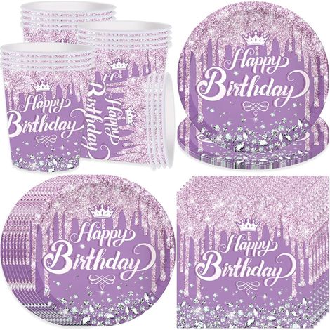 Vaisselle de fête Violet pour 16 invités, Avec assiettes, gobelets, serviettes, assiettes en carton, décoration de table pour fille (1/5)