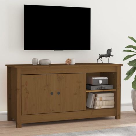 Meuble TV de Salon Armoire Télévision Banc TV Marron miel 103x36,5x52 cm Bois de pin massif -FR96729 (1/5)