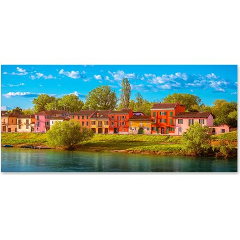 Lupia - Quadro moderno su Tela Canvas DEEP 65X143 cm, con paesaggi e localismi italiani, per casa, soggiorno, capezzale camera da letto, hotel, ufficio, PAVIA - CASE COLORATE SUL FIUME (1/4)