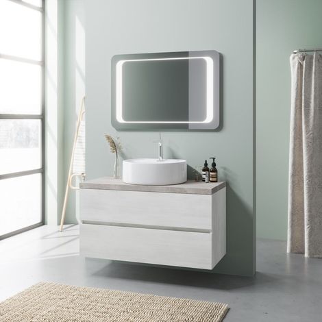 Mueble De Baño De Pared 100Cm Roble Y Beton, Lavabo Bol, Espejo Led  Elba (1/3)
