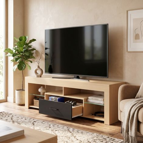 Meuble TV 140 cm pour téléviseur jusqu’à 65 pouces, décor chêne et noir, avec tiroir, niches ouvertes et étagères en verre réglables (1/5)