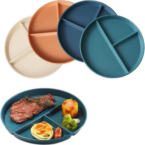 4 piezas, Plato dividido, 22 cm, Plato infantil, Platos planos divididos, Plato llano, Vajilla, Naranja, azul oscuro, beige, verde oscuro (1/5)