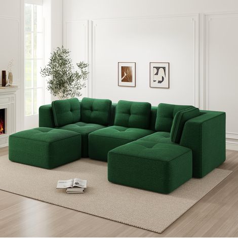 Divano angolare modulare in velluto a coste verde, 3 posti con ottomana, profondità seduta 74 cm, senza montaggio (1/5)
