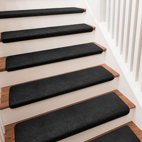 Tapis de marches d'escalier en moquette, extra doux, pliables, 55 x 21 + 4 cm, forme arrondie, adaptés aux animaux domestiques, antidérapants, sans ruban adhésif, lavables et réutilisables (14 pièces, (1/5)