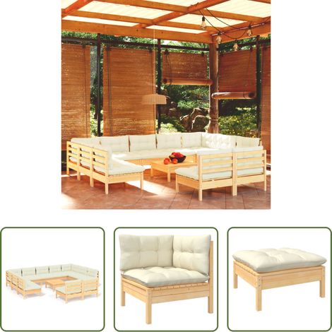 Terrassensofa -  12-tlg. Garten-Lounge-Set mit Creme Kissen Massivholz Kiefer (1/5)