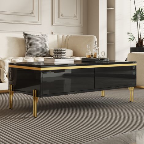 REDOM Table basse 100x50x36 cm 2 tiroirs dissimulés double face, plateau brillant, panneau de particules noir (1/5)