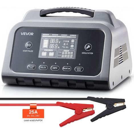 VEVOR Caricabatterie Intelligente 25 A per Auto per Batterie al Litio LiFePO4 Piombo Acido 6/12/24 V, Caricabatterie per Auto Moto Camper Barca Mantenitore di Carico Schermo LCD Desolfatatore (1/5)