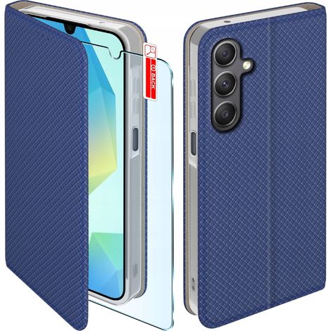 Funda para SAMSUNG A16 / A16 5G SMART MAGNET CHECS WITH SOLAP AZUL MARINO + CRISTAL (1/5)