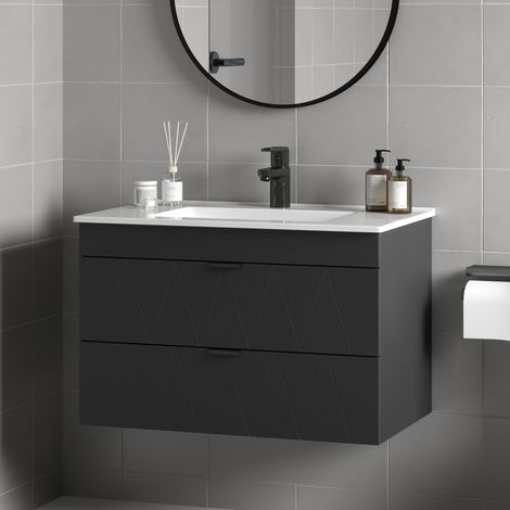 Mueble de baño, armario suspendido con lavabo de cerámica, cajones con cierre suave, color negro.