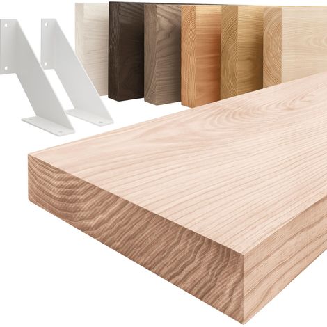 LAMO Manufaktur étagère murale en bois massif, bord régulier, étagère de rangement Vintage, bois brut / équerre blanche 140cm, LWG-01-A-001-140VW