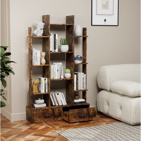 Librería 86x25x140,5 cm marrón con 12 estantes abiertos y 2 cajones, madera y metal (1/5)