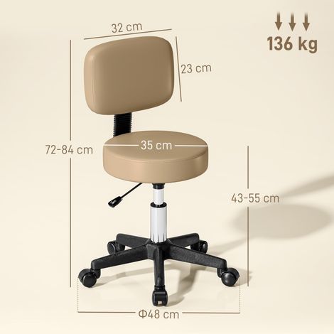 Tabouret pivotant 360° à hauteur réglable avec dossier, roulettes multidirectionnelles, fauteuil de travail pour salon ou bureau, teinte noisette claire (1/3)