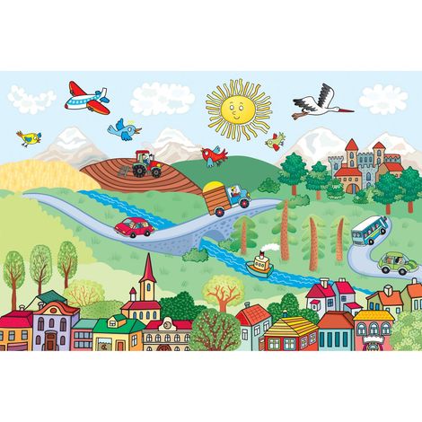 papier peint panoramique vue de la ville bleu, vert et rouge - Sanders & Sanders (1/5)